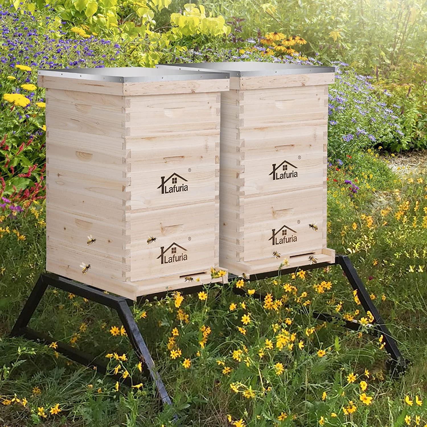 lafuria 3 Layers 30 Frames Langstroth Honey Bee Hive Box Wooden with Metal Roof for Beekeeping