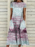 Round Neck Retro Print Casual Loose Short Sleeve Midi Dress