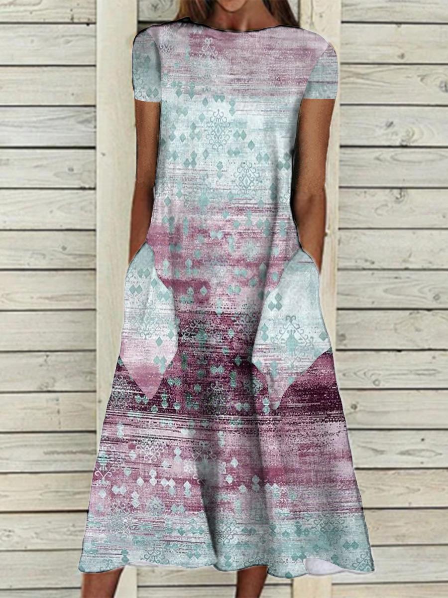 Round Neck Retro Print Casual Loose Short Sleeve Midi Dress