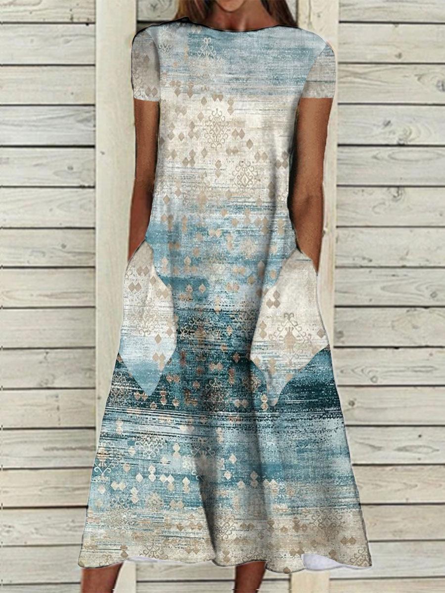 Round Neck Retro Print Casual Loose Short Sleeve Midi Dress