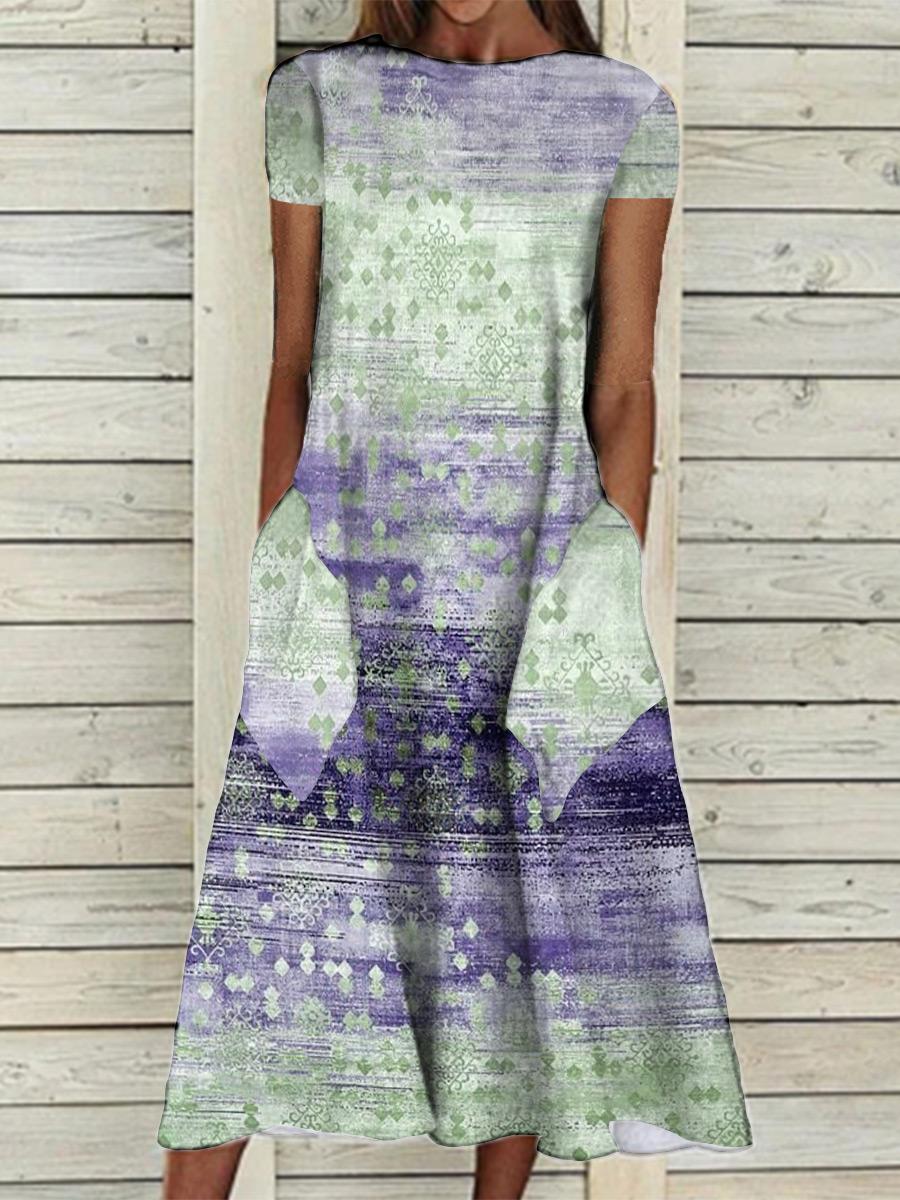 Round Neck Retro Print Casual Loose Short Sleeve Midi Dress