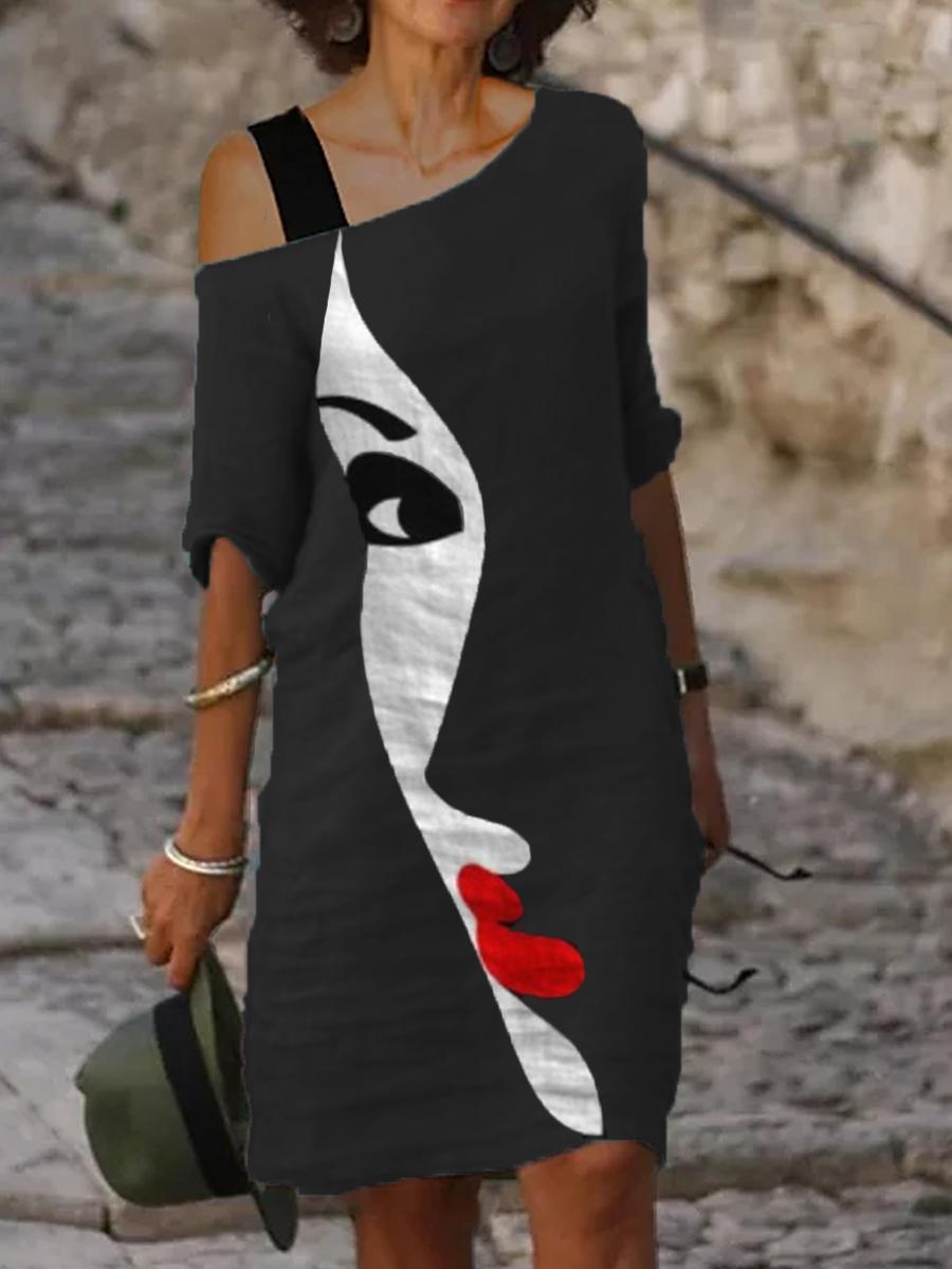 Casual Art Print One Shoulder Contrast Color Midi Dress
