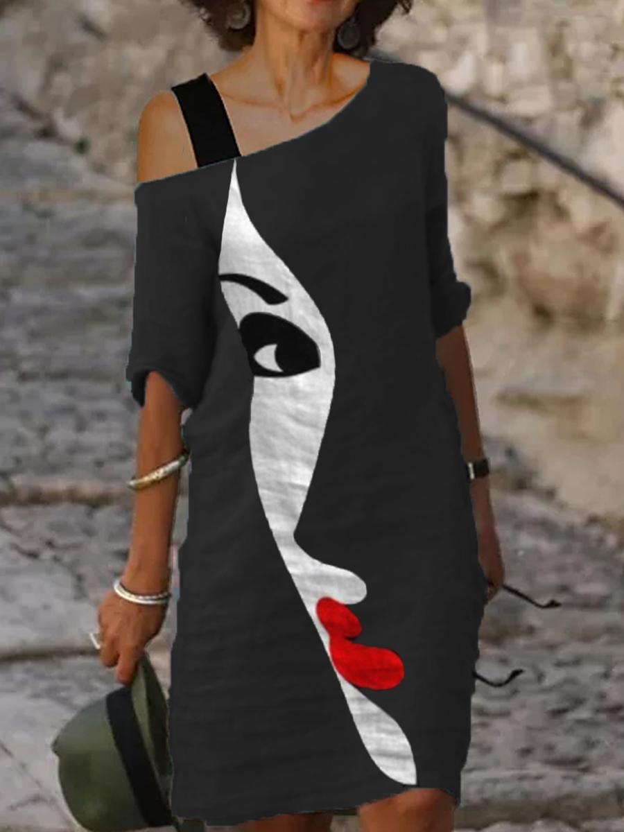 Casual Art Print One Shoulder Contrast Color Midi Dress