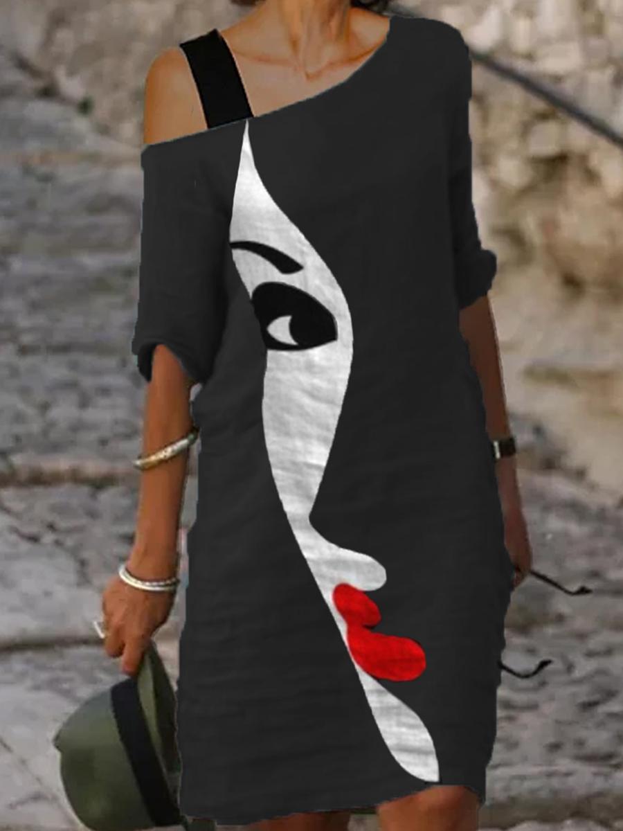 Casual Art Print One Shoulder Contrast Color Midi Dress