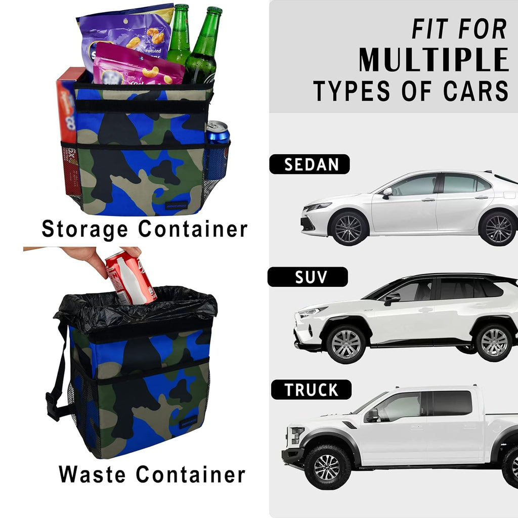 SIBOFUEGO Cute Car Trash Can with Lid - Leak Proof Car Trash Bag Hanging Waterproof Car Garbage Can with Storage Pockets Multipurpose Collapsible Car Organizer (Camo Blue)