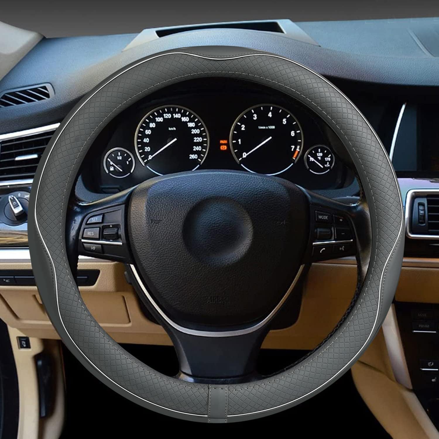 Car Steering Wheel Cover, Anti-Slip, Safety, Soft, Breathable, Heavy Duty, Thick, Full Surround, Sports Style (Gray)