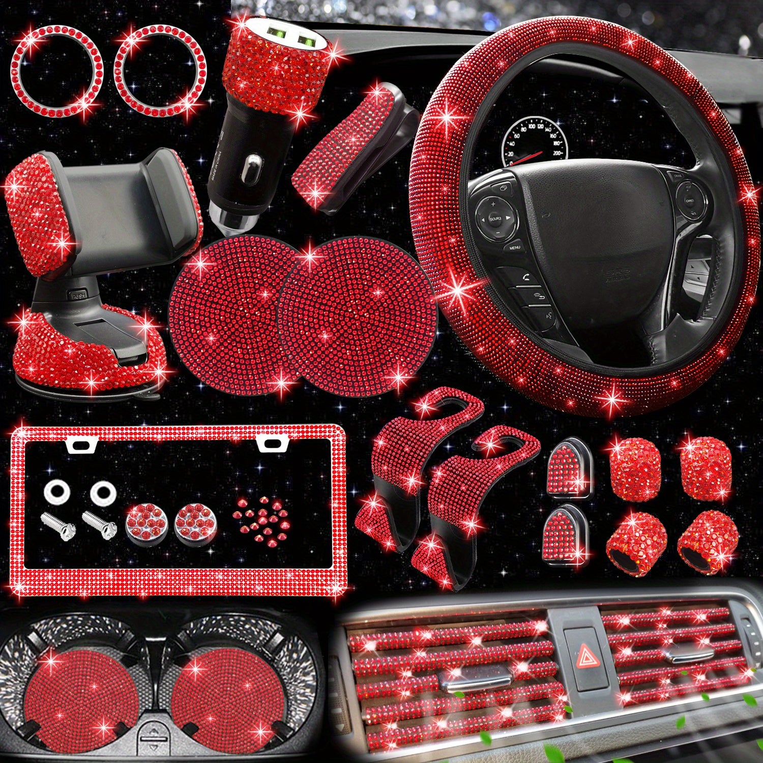 27pcs Bling Car Accessories Set For Women, Bling Steering Wheel Covers Universal Fit 15 Inch, Bling License Plate Frame,  Phone Holder, Car Coasters