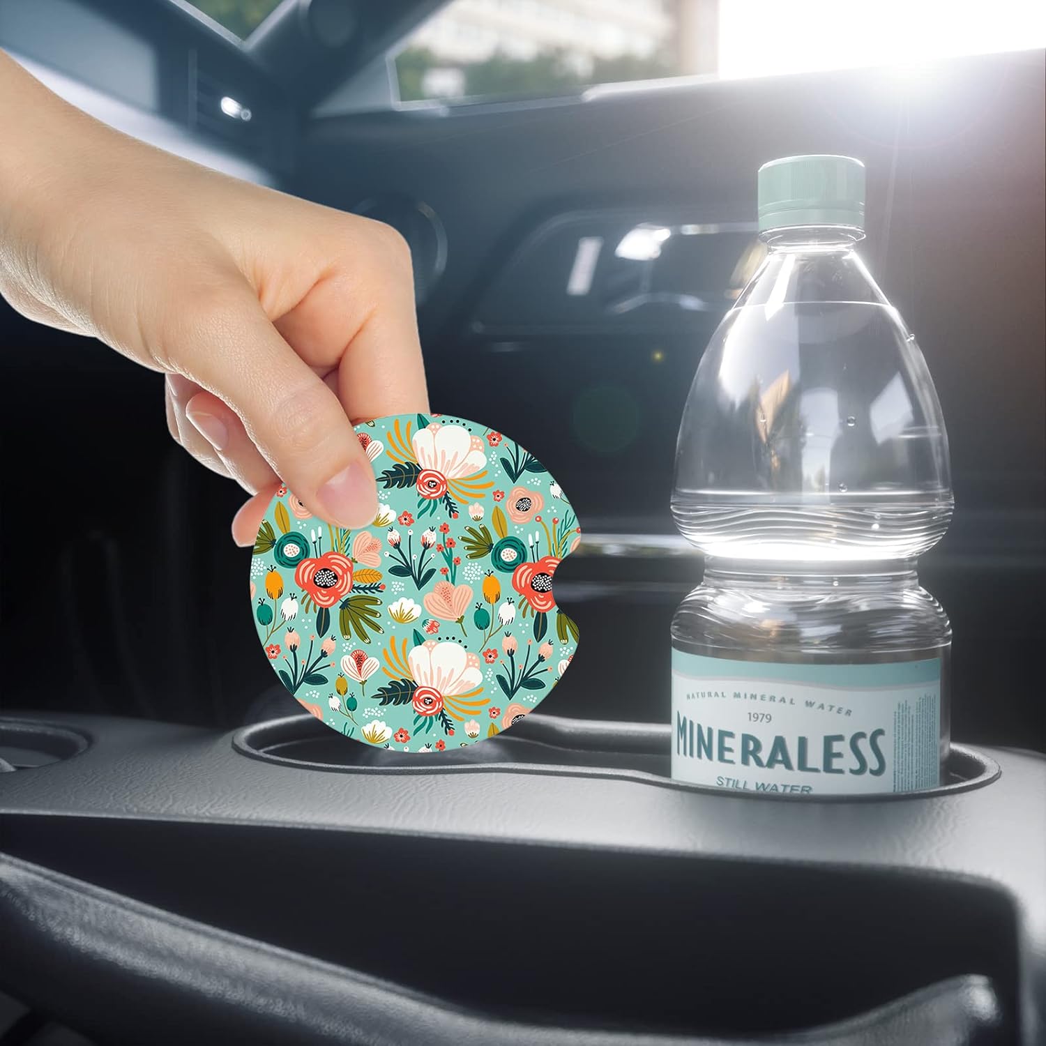 Nipichsha Car Cup Holder Coasters, Car Coasters for Cup Holders, 2 Pack Anti Slip Insert Coasters, Rubber Car Cup Mat with A Finger Notch, Cute Car Interior Accessories for Women Men(Green Flower)