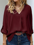 Casual Solid Color Loose V-Neck Long-Sleeved Blouse
