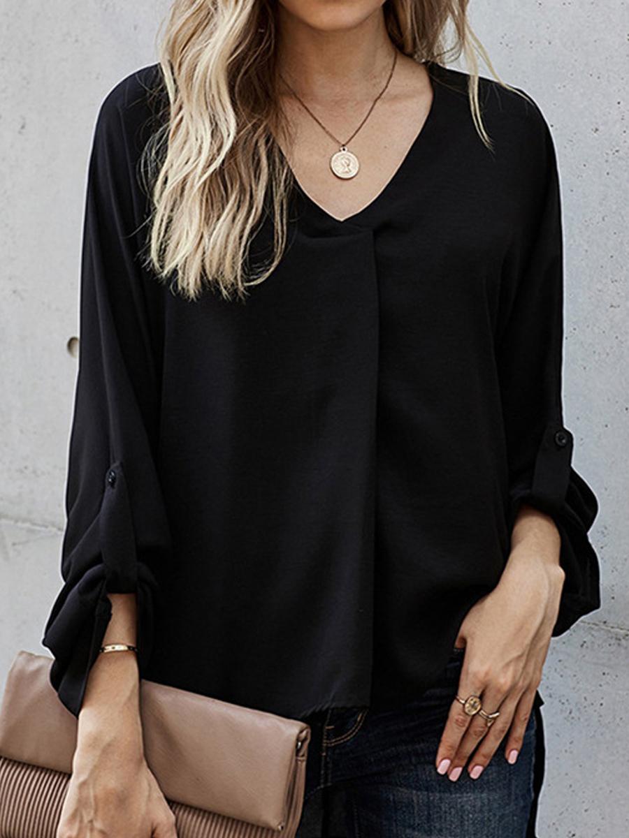 Casual Solid Color Loose V-Neck Long-Sleeved Blouse