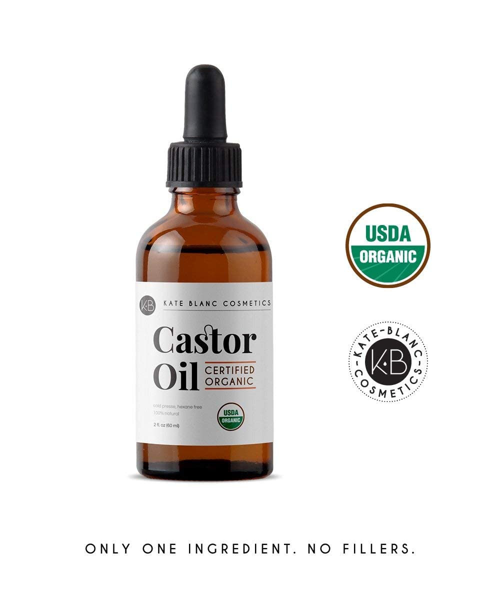 Organic Castor Oil (4oz), USDA Certified, 100% Pure, Cold Pressed, Hexane Free by Kate Blanc. Stimulate Growth for Eyelashes, Eyebrows, Hair. Skin Moisturizer &amp; Oil Cleanse with Starter Kit