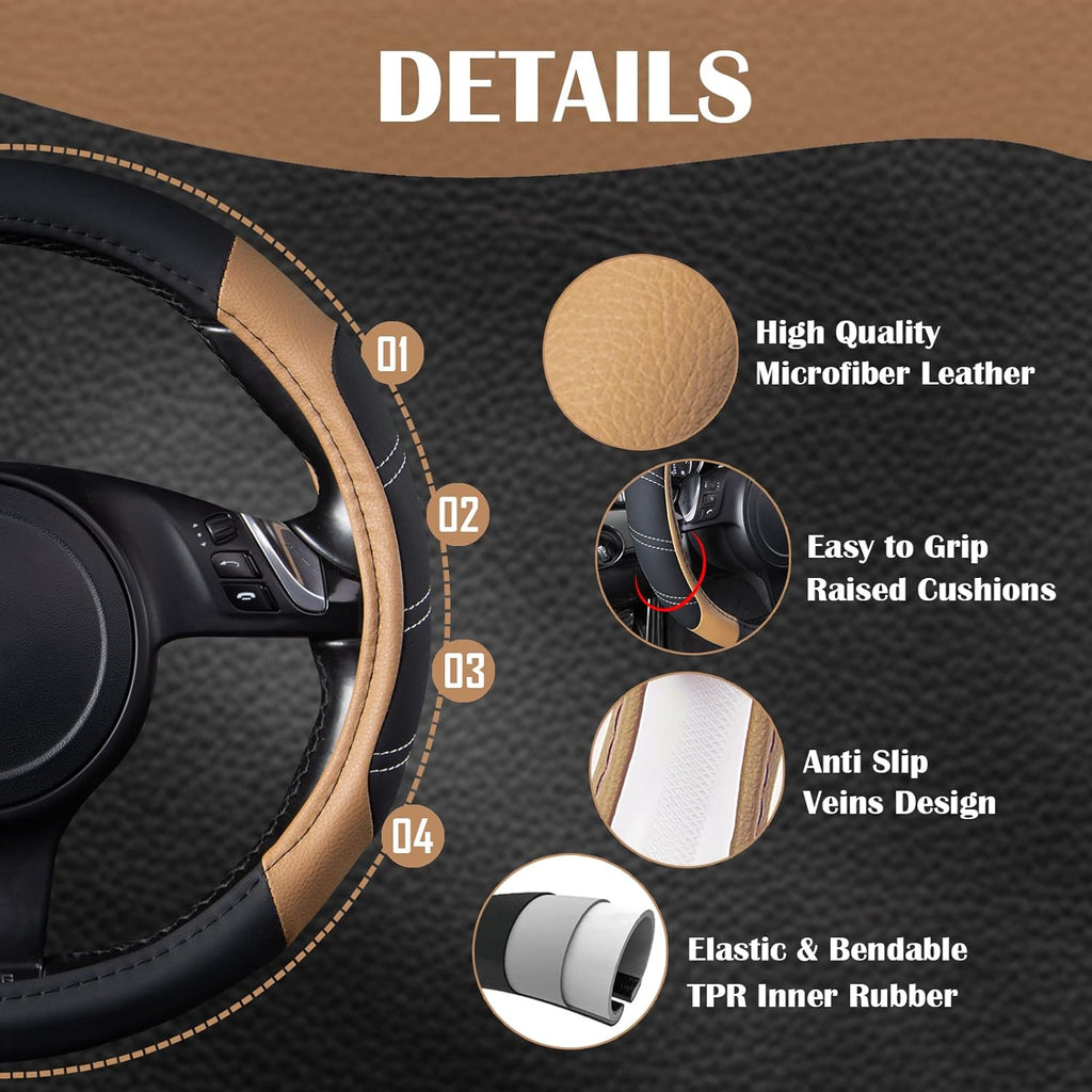 CAR PASS Line Rider Microfiber Leather Sporty Steering Wheel Cover Universal Fits for 95% Truck,SUV,Cars, Anti-Slip Safety Comfortable Desgin (Black Beige)
