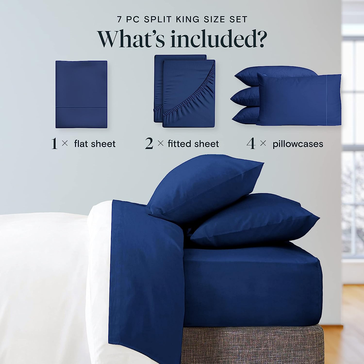 LuxClub 7 PC Split King Sheet Set Bamboo Sheets Deep Pockets 18" Eco Friendly Wrinkle Free Cooling Sheets Machine Washable Hotel Bedding Silky Soft - Navy Split King