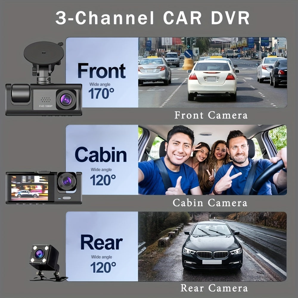 3 Camera Lens Car DVR, 3-Channel Dash Cam HD 1080P Front And Rear Dual Lens Dashcam ParLot Monitoring, Infrared Night Vision Image