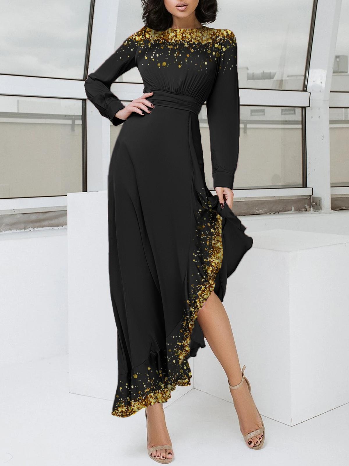 Fashion Sequin Print Ruffle Hem Maxi Dress Women