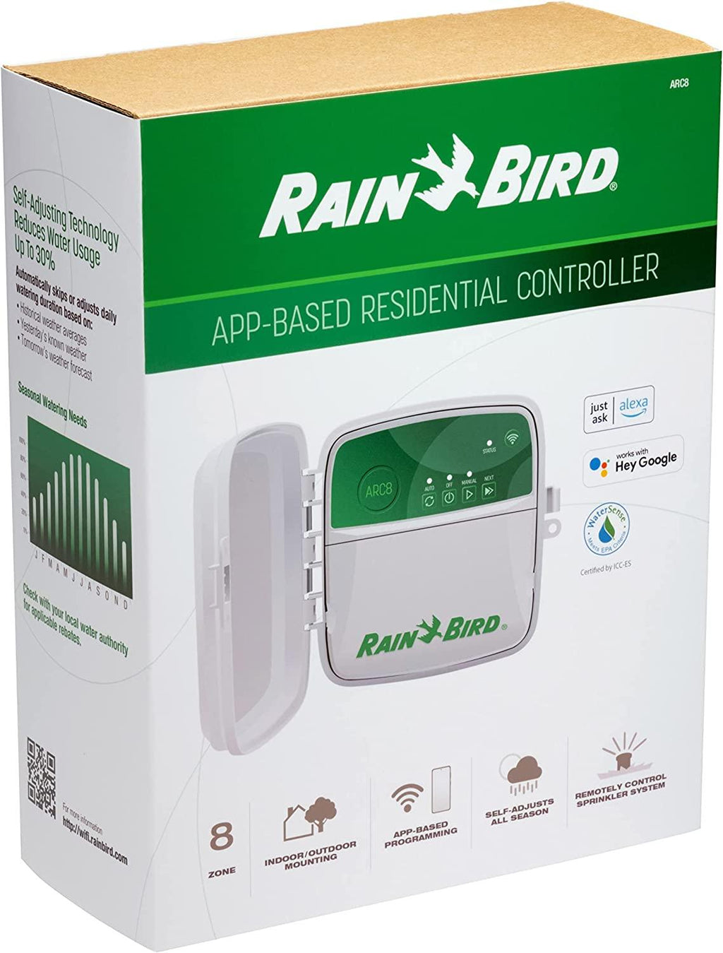 Rain Bird ARC8 App-Based Indoor/Outdoor Smart Irrigation WiFi Timer/Controller, 8-Zone/Station, EPA WaterSense Certified, Compatible with Alexa