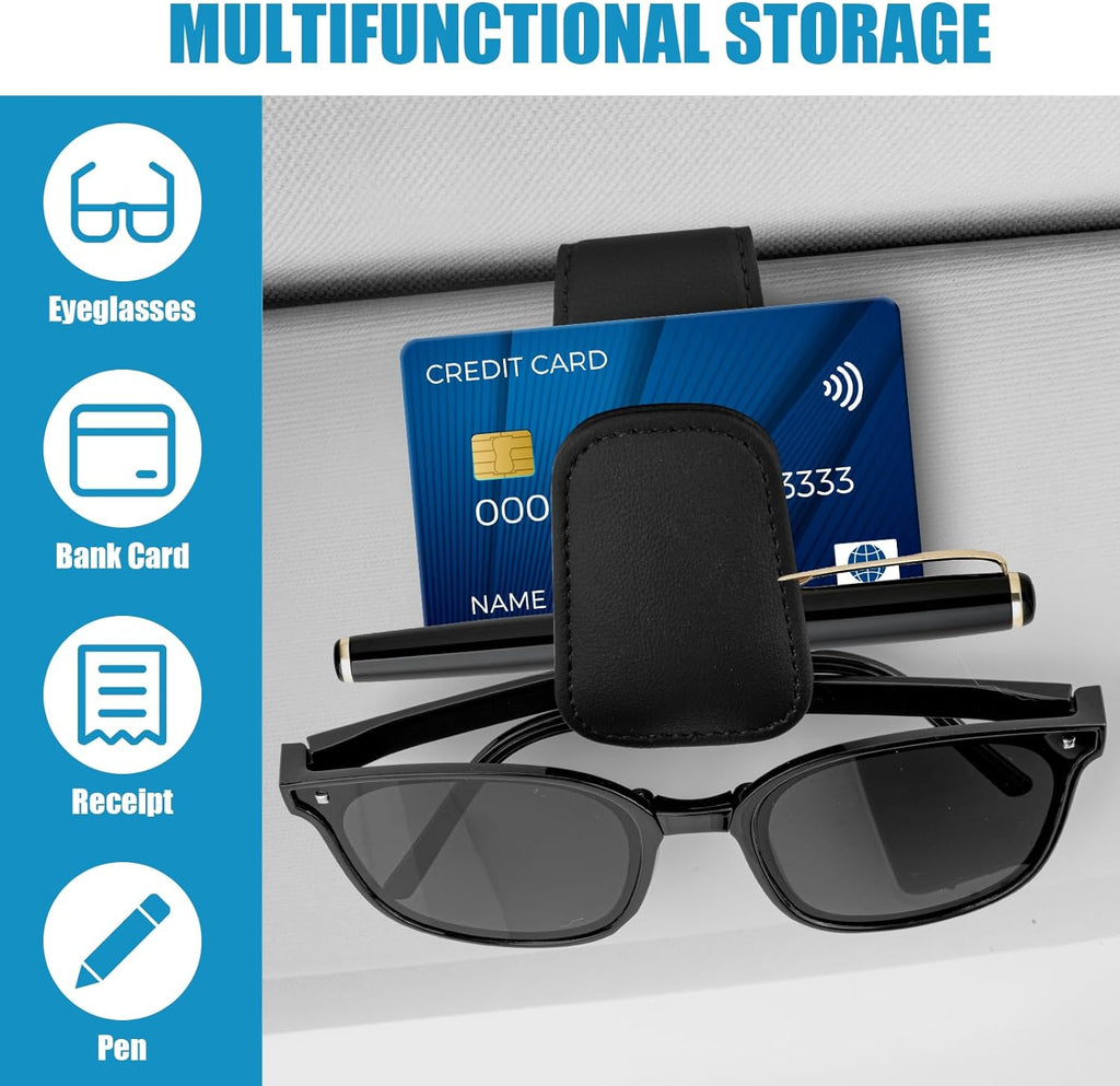 SyeiouC Sunglass Holder for Car, Premium Sunglass Clip for Car Visor, Magnetic Leather Car Sunglass Holder and Ticket Card Clip, Suitable for Different Size Eyeglasses