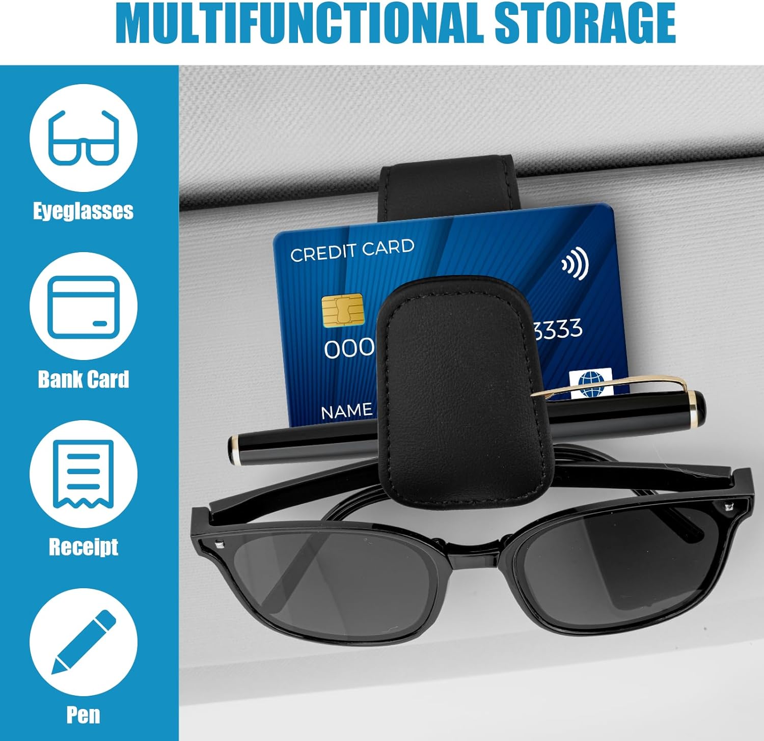 SyeiouC Sunglass Holder for Car, Premium Sunglass Clip for Car Visor, Magnetic Leather Car Sunglass Holder and Ticket Card Clip, Suitable for Different Size Eyeglasses