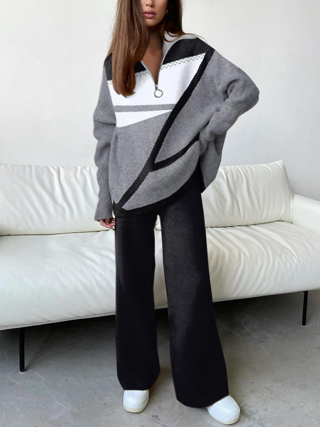 Women's Fashion Casual Black And White Gray Geometric Printing Suit