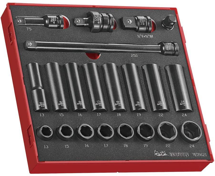 Teng Tools 21 Piece 1/2 Inch Drive 6 Point Regular &amp; Deep Impact Socket Set In EVA Tray - TED9121