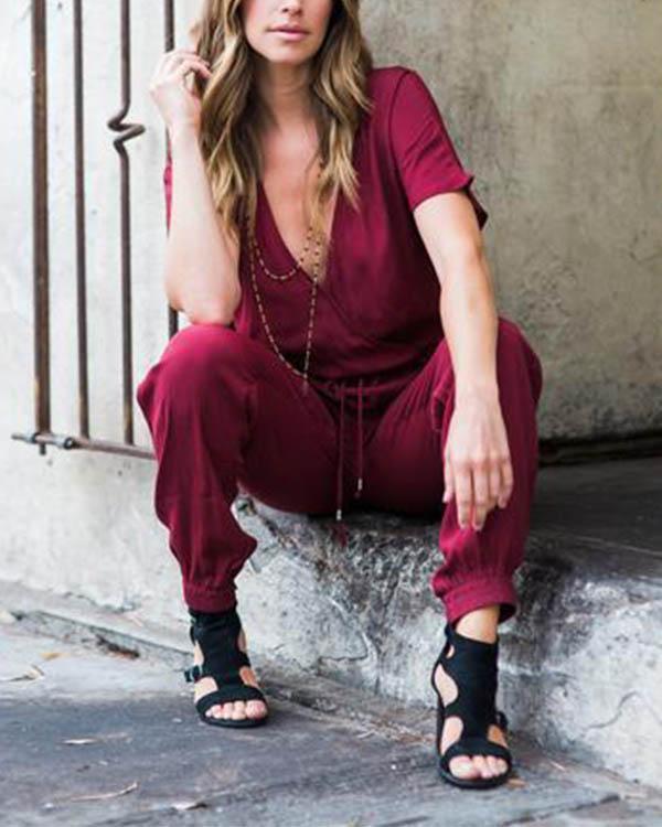 casual daily solid drawstring waist jumpsuit