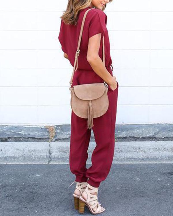 casual daily solid drawstring waist jumpsuit