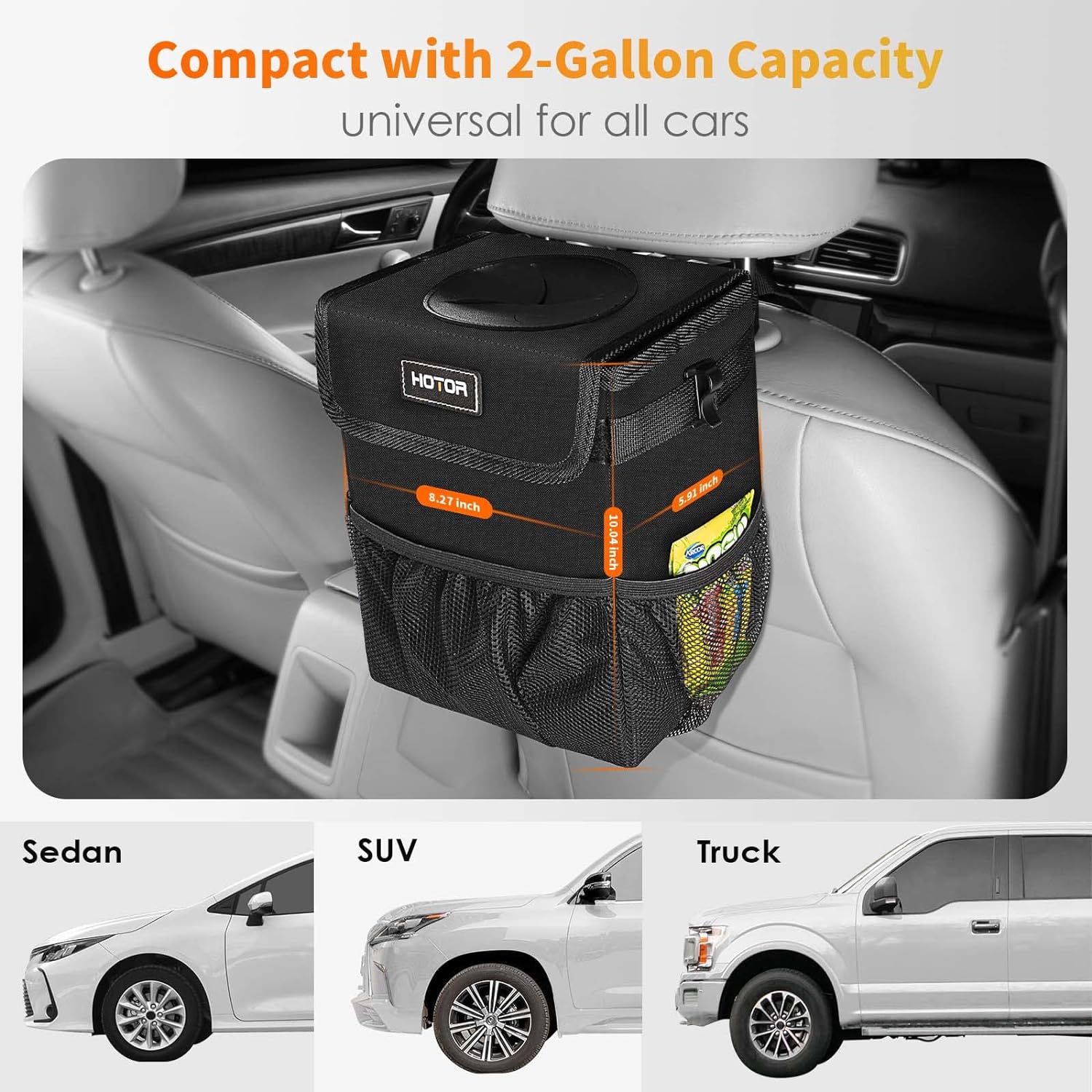 HOTOR Car Trash Can-2-Gallon, Foldable and Waterproof Car Accessory for Interior, Leakproof Car Organizer and Storage Bag, Multipurpose Bin with Adjustable Straps and Multiple Pockets (Black)