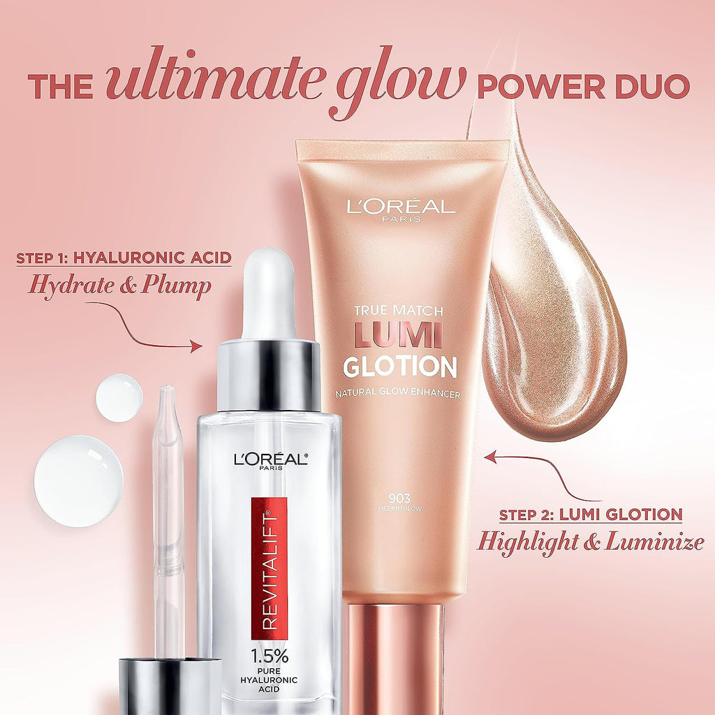 L'Oreal Paris Revitalift 1.5% Pure Hyaluronic Acid Face Serum 1.0 oz + True Match Lumi Glotion Natural Glow Enhancer Lotion, Medium 1.35 fl. oz, 1 kit