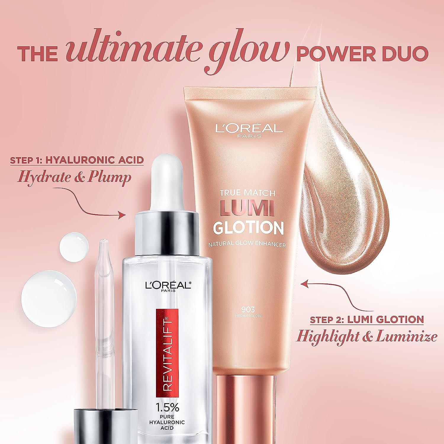 L'Oreal Paris Revitalift 1.5% Pure Hyaluronic Acid Face Serum 1.0 oz + True Match Lumi Glotion Natural Glow Enhancer Lotion, Medium 1.35 fl. oz, 1 kit