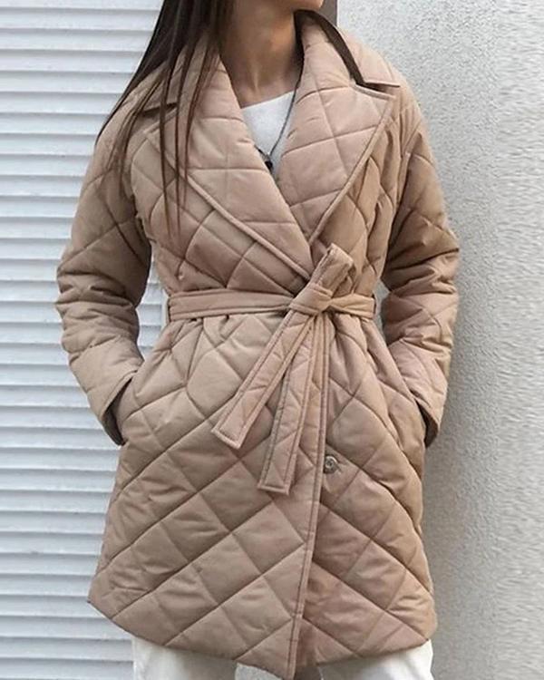 pure color belted double pocket casual cotton coat