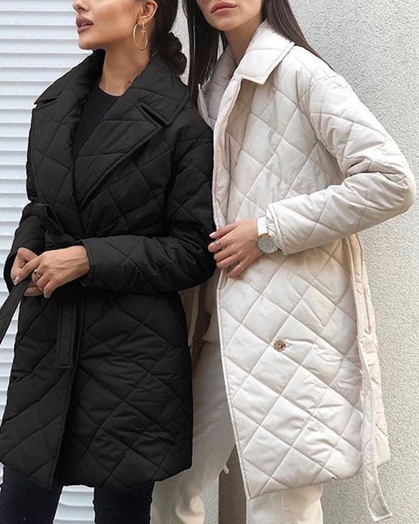 pure color belted double pocket casual cotton coat