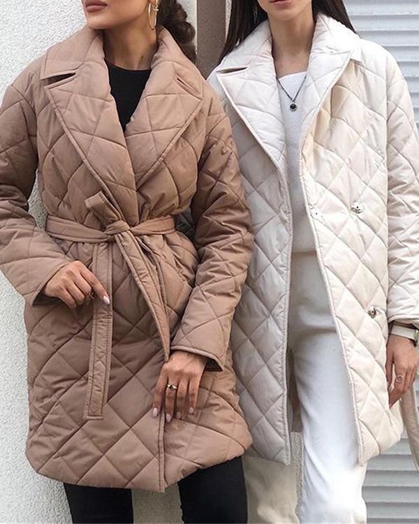 pure color belted double pocket casual cotton coat
