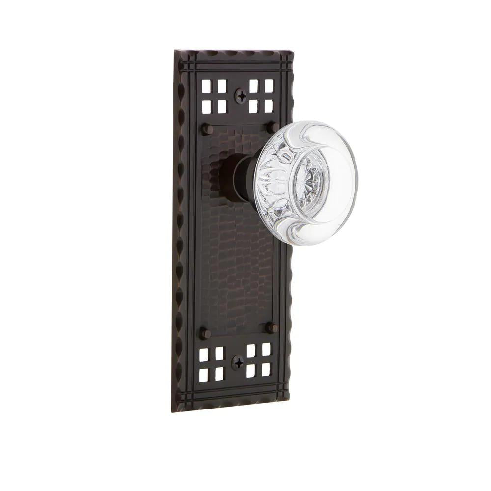Craftsman Plate 2-3/8 in. Backset Timeless Bronze Privacy Bed/Bath Round Clear Crystal Glass Door Knob