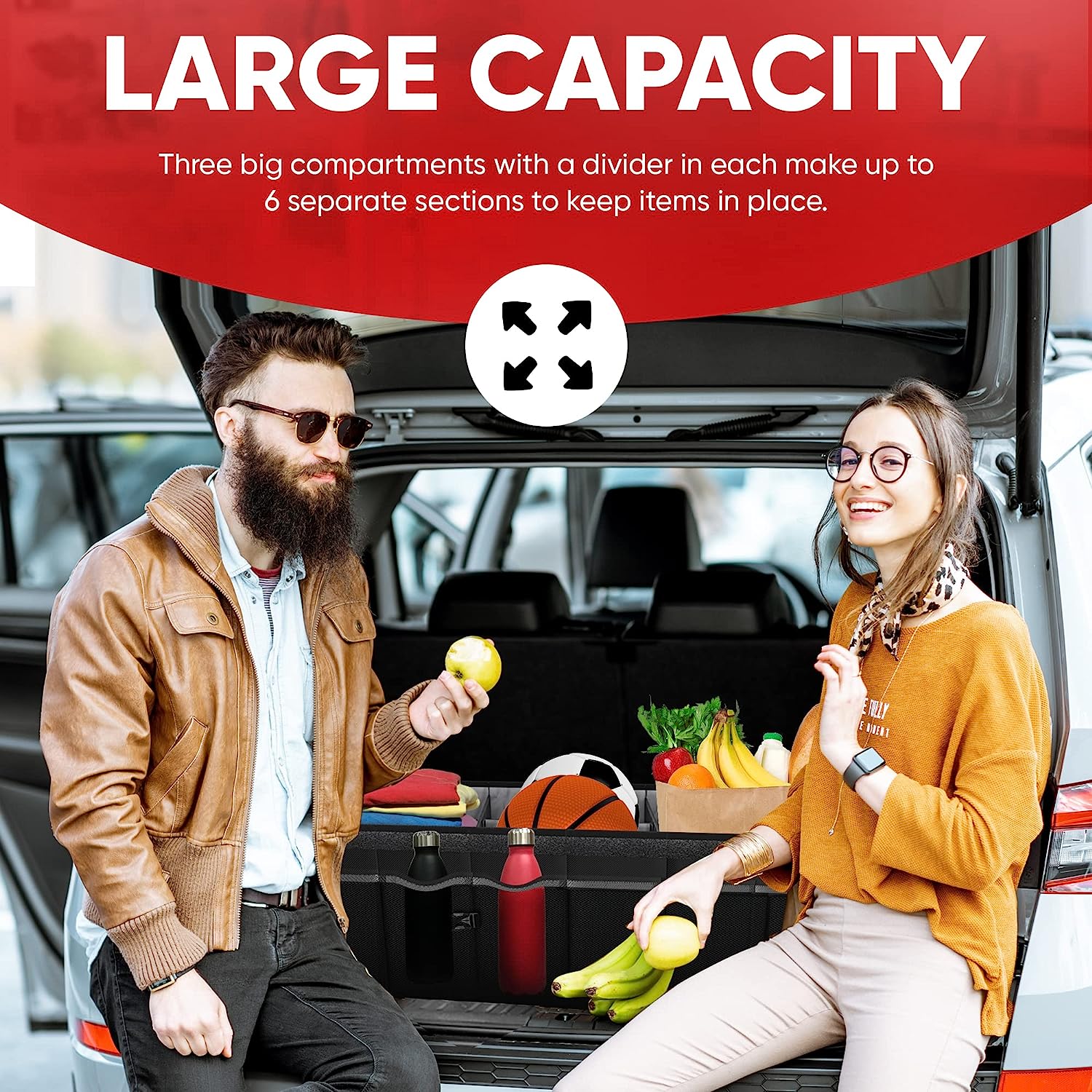 FORTEM Car Trunk Organizer, Car Storage Organizer, Collapsible Multi Compartment Car Organizer, SUV Trunk Organizer, Non Slip Bottom, Adjustable Securing Straps, Foldable Cover (Black, X-Large)