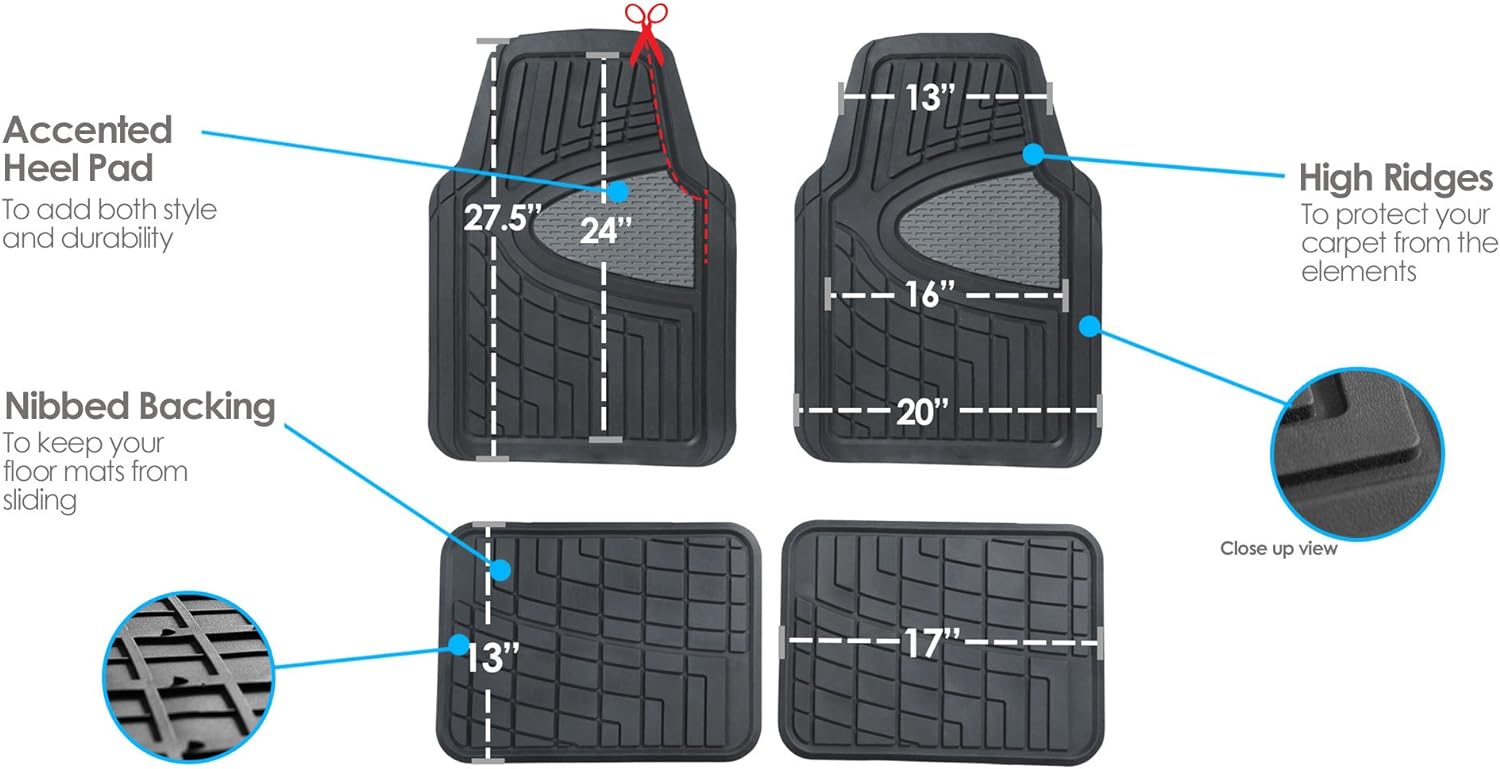 FH Group Automotive Floor Mats - Heavy-Duty Rubber Floor Mats for Cars, Universal Fit Full Set, Climaproof Floor Mats, Trimmable Floor Mats for Most Sedan, SUV, Truck Floor Mats Gray Black