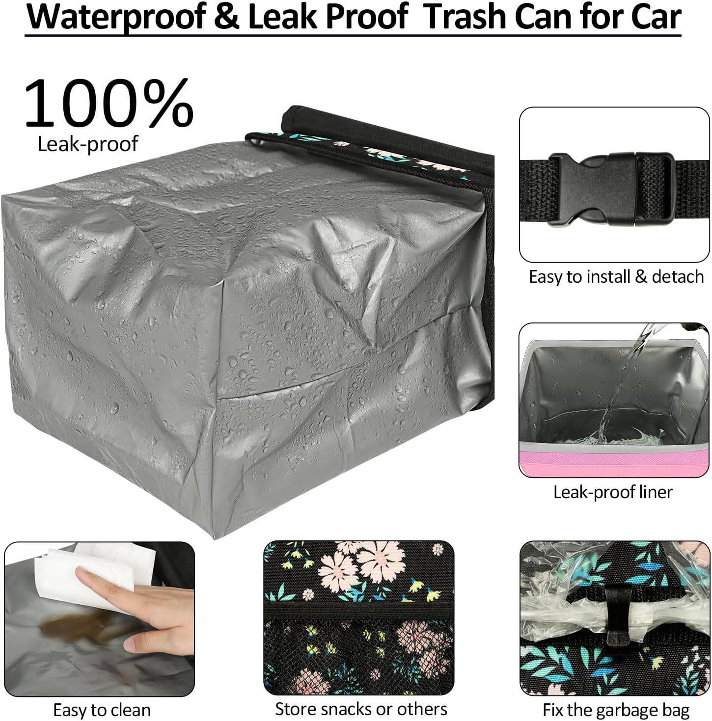 ELONGRIVER Car Trash Can Bin for Car Back Seat Leak Proof, Cute Car Trash Bag Hanging, Vehicle Trash Can for SUV Truck Van, Automotive Car Garbage Cans Front Seat Colorful Floral