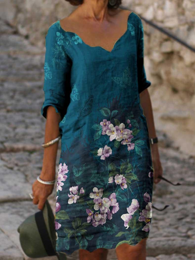 Womens round neck five-point sleeve print dress