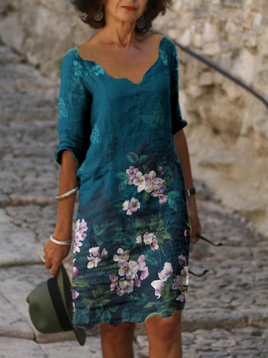 Womens round neck five-point sleeve print dress