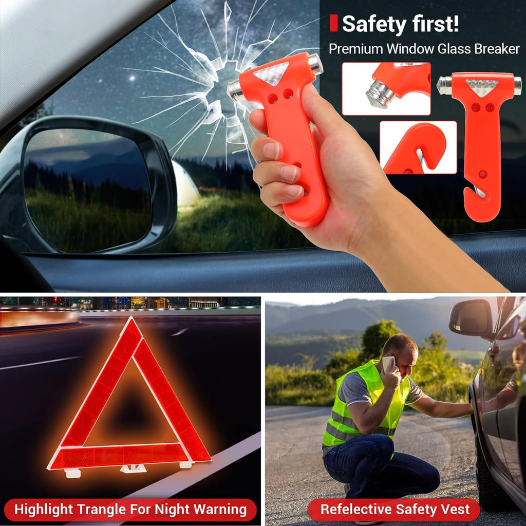 Car Emergency Kit, 23 in 1 Multifunctional Roadside Assistance Auto Safety Kit, First Aid Kit, Jumper Cables, Tow Rope, Triangle, Flashlight, Safety Hammer, and More Ideal Survival Pack Accessories