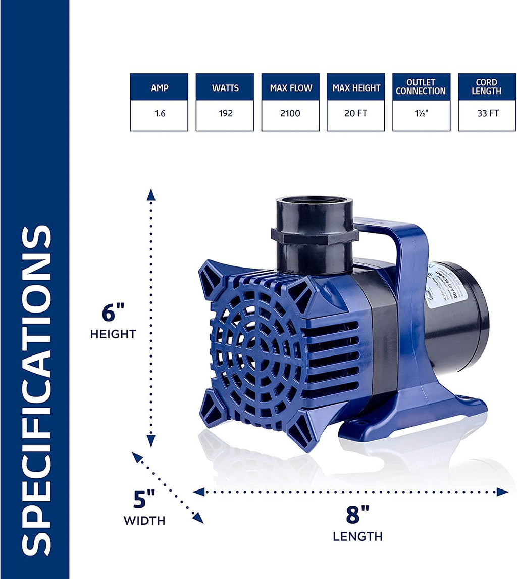 Alpine Corporation Alpine PAL2100 Cyclone Pump-2100 GPH-for Fountains, Waterfalls, and Water Circulation Pond Pump, 8"L x 5" W x 6"H, Black & Blue