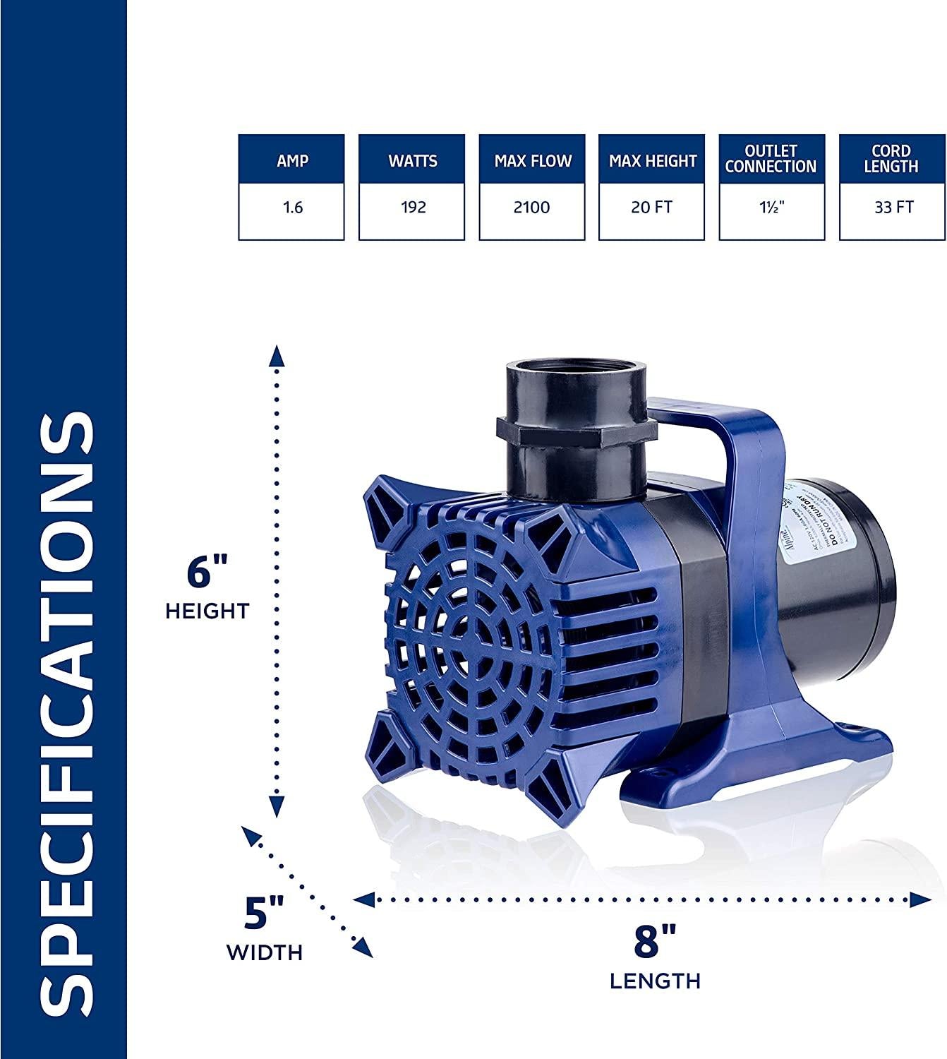 Alpine Corporation Alpine PAL2100 Cyclone Pump-2100 GPH-for Fountains, Waterfalls, and Water Circulation Pond Pump, 8"L x 5" W x 6"H, Black & Blue