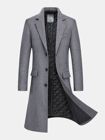 mens pure color lapel single breasted warm casual long woolen overcoats
