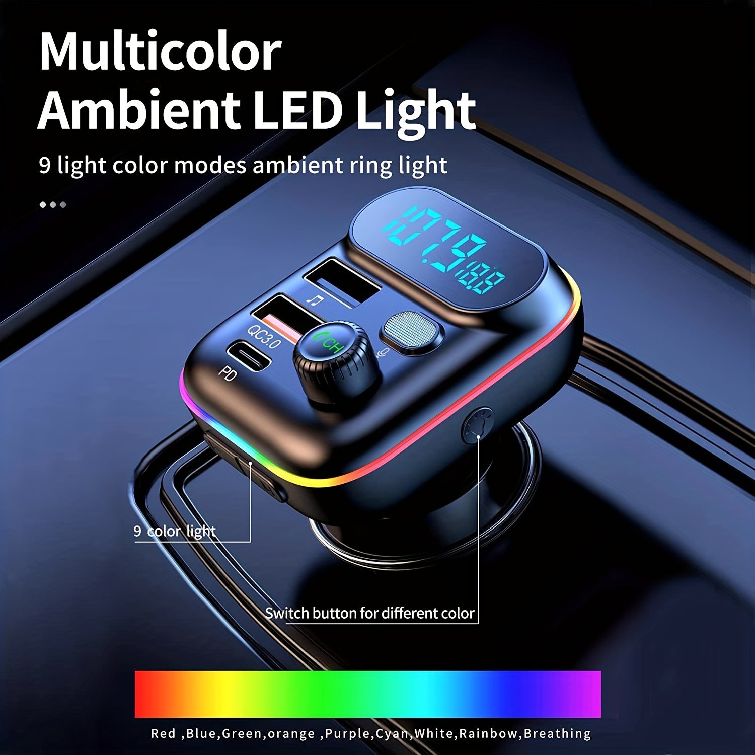 Adapter For Car, Wireless FM Radio Transmitter, Wireless 5.0, MP3 Music Player, QC3.0 + PD 20W USB Car Charger, 7 Colors LED