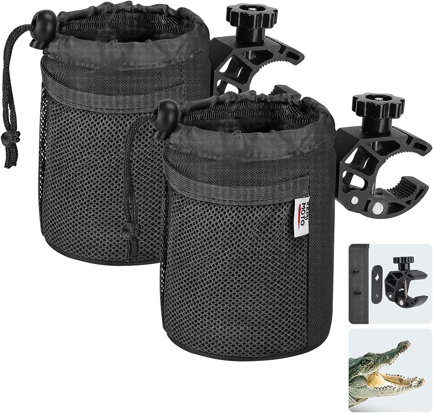 kemimoto ATV/UTV Cup Holder, 2 Pack Oxford Fabric Drink Cup Holder with 0.6"-1.5" Alligator Clamp, Handlebar Cup Holder for Motorcycle, Kayak, Boat, ATV, Bike, Wheelchair, Walker, Scooter, Golf Cart