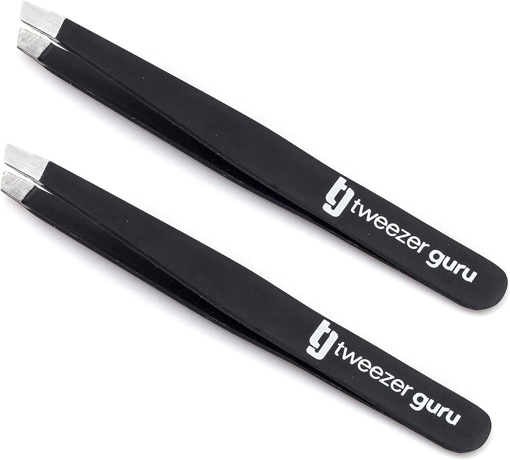 Tweezer Guru Tweezers for Women - 2pc Slant Pointed Precision Tweezers for Eyebrows &amp; Ingrown Hair Removal - Blackhead and Splinter Tweezer with Sharp Needle Nose Point for Plucking (Black)