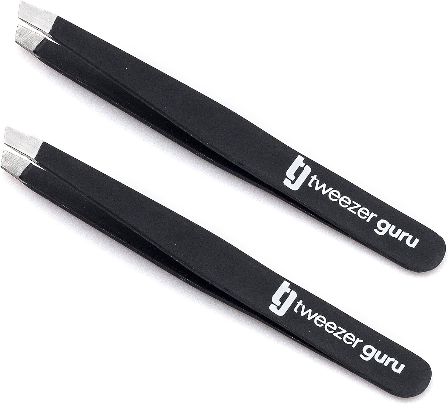 Tweezer Guru Tweezers for Women - 2pc Slant Pointed Precision Tweezers for Eyebrows &amp; Ingrown Hair Removal - Blackhead and Splinter Tweezer with Sharp Needle Nose Point for Plucking (Black)
