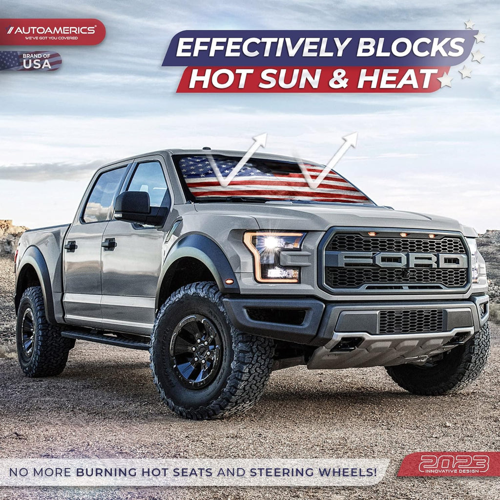 Autoamerics 1-Piece Windshield Sun Shade Grunge American Flag - 3 USA  - Foldable Car Front Window Sunshade for Most Sedans SUV Truck - Blocks Max UV Rays and Keeps Your Vehicle Cool - X-Large