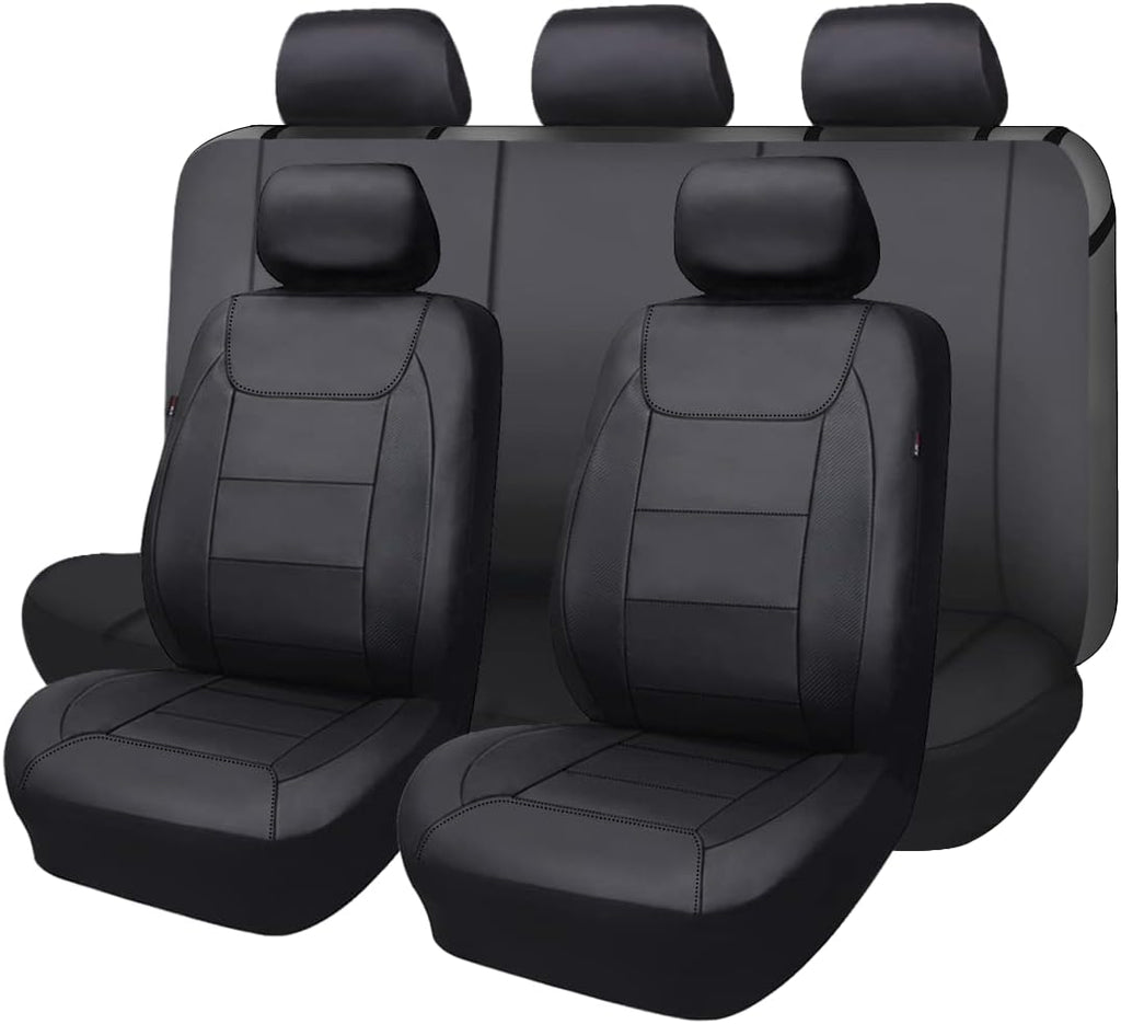 Flying Banner car seat Covers Protects Water Proof Faux Leather Carbon Fiber Front and Rear Bench (Black, Full Set - 8PCS)