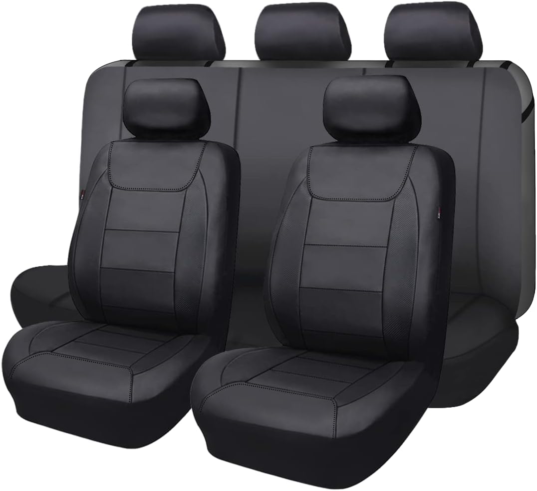 Flying Banner car seat Covers Protects Water Proof Faux Leather Carbon Fiber Front and Rear Bench (Black, Full Set - 8PCS)