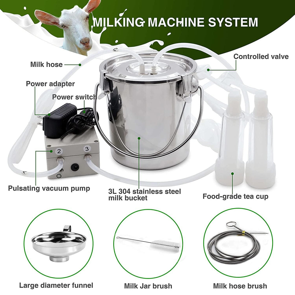 3L MilMachine for Goats - Automatic Portable Pulsation Vacuum Pump Goat Milker, Food Grade 304  Steel Milk Bucket with Auto Stop Check Valve Goat MilEquipment